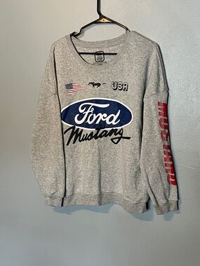 Ford Gray Mustang Logo Crewneck with Red Sleeve Detail